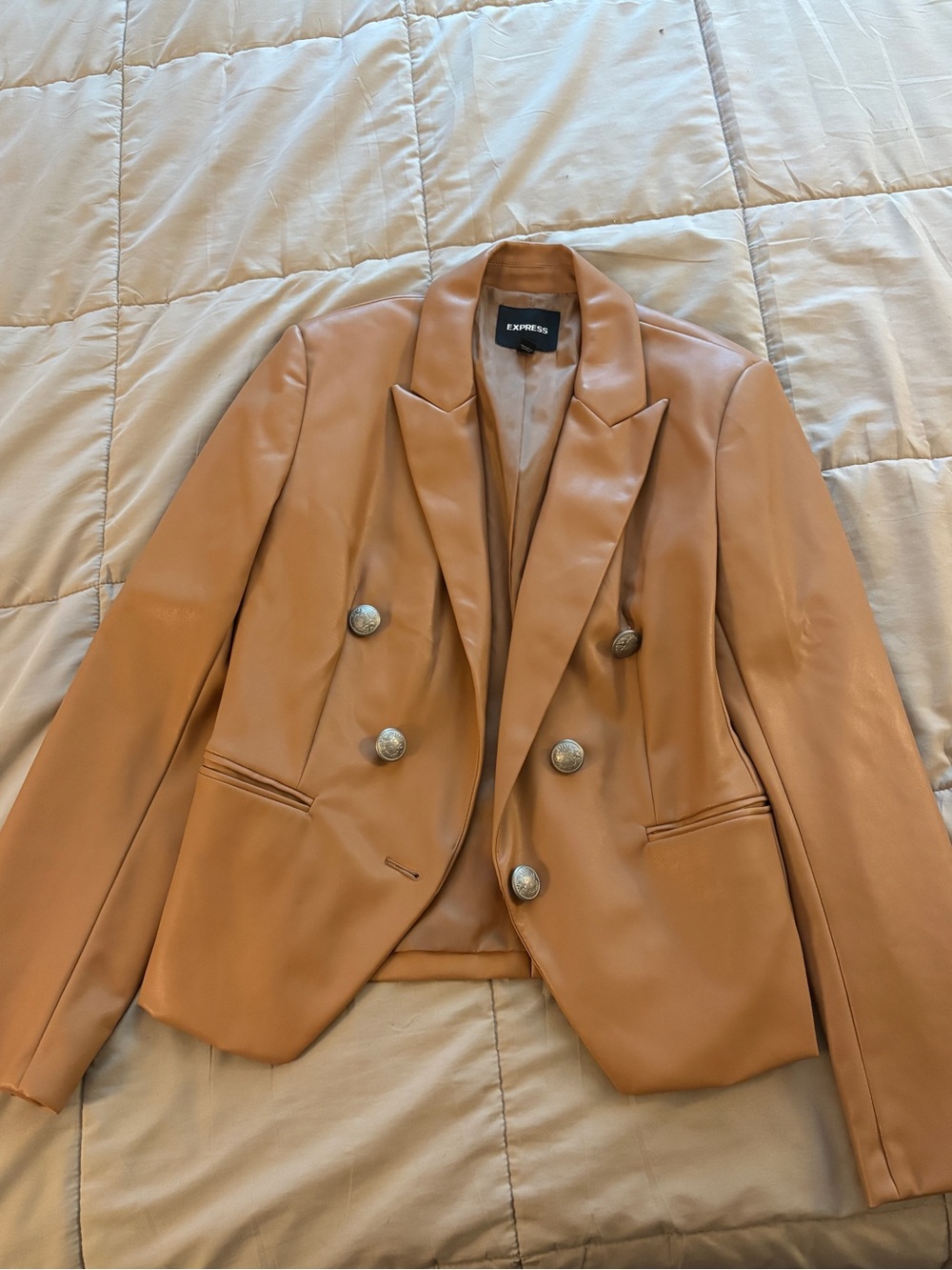 Express Tan Faux-Leather Double-Breasted Blazer with Silver Buttons